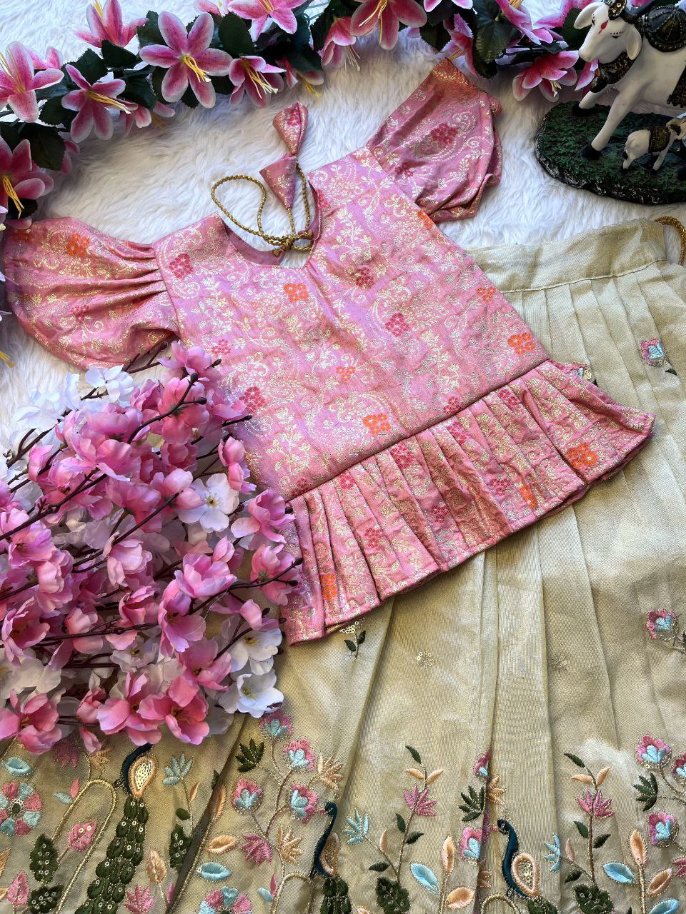 Peacock Beauty Kids Lehenga Set with Embroidery & Dola Silk Blouse
