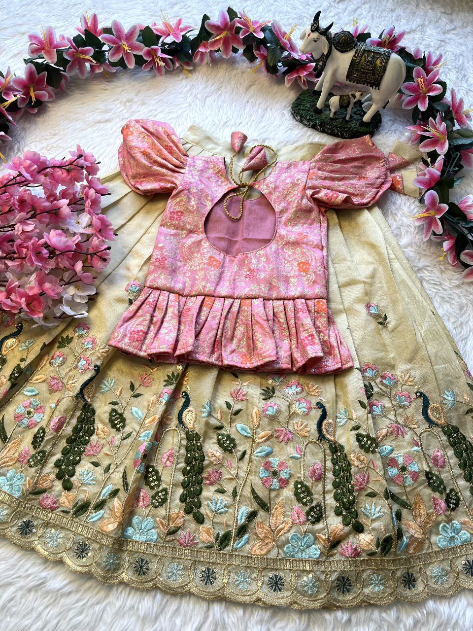 Peacock Beauty Kids Lehenga Set with Embroidery & Dola Silk Blouse