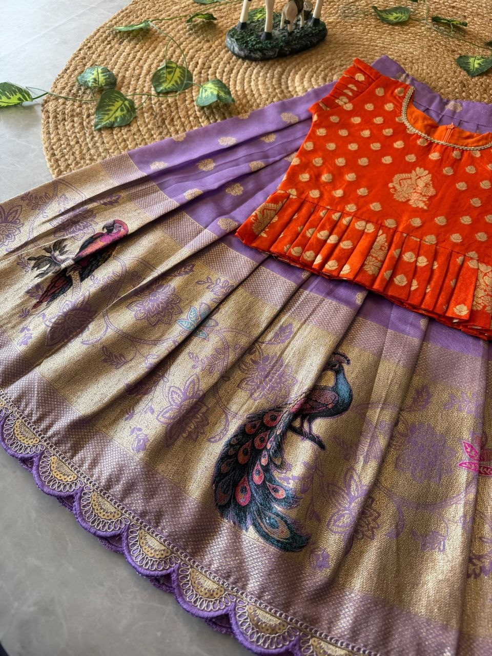 Kids Peacock Grace Lehenga Set in Soft Dola Silk with Zari Weaving & Peplum Blouse
