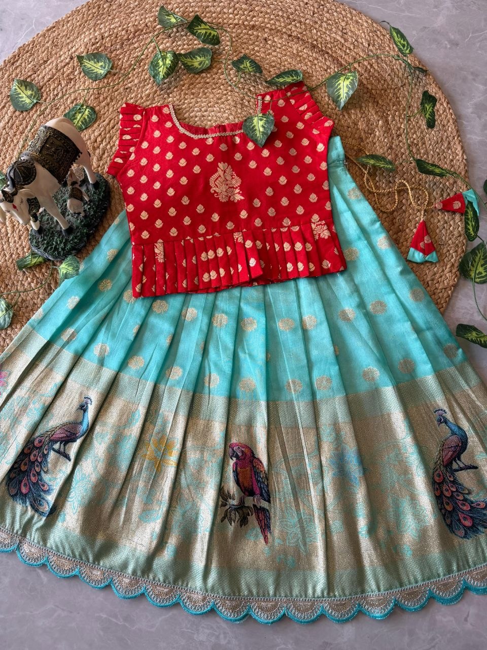 Kids Peacock Grace Lehenga Set in Soft Dola Silk with Zari Weaving & Peplum Blouse