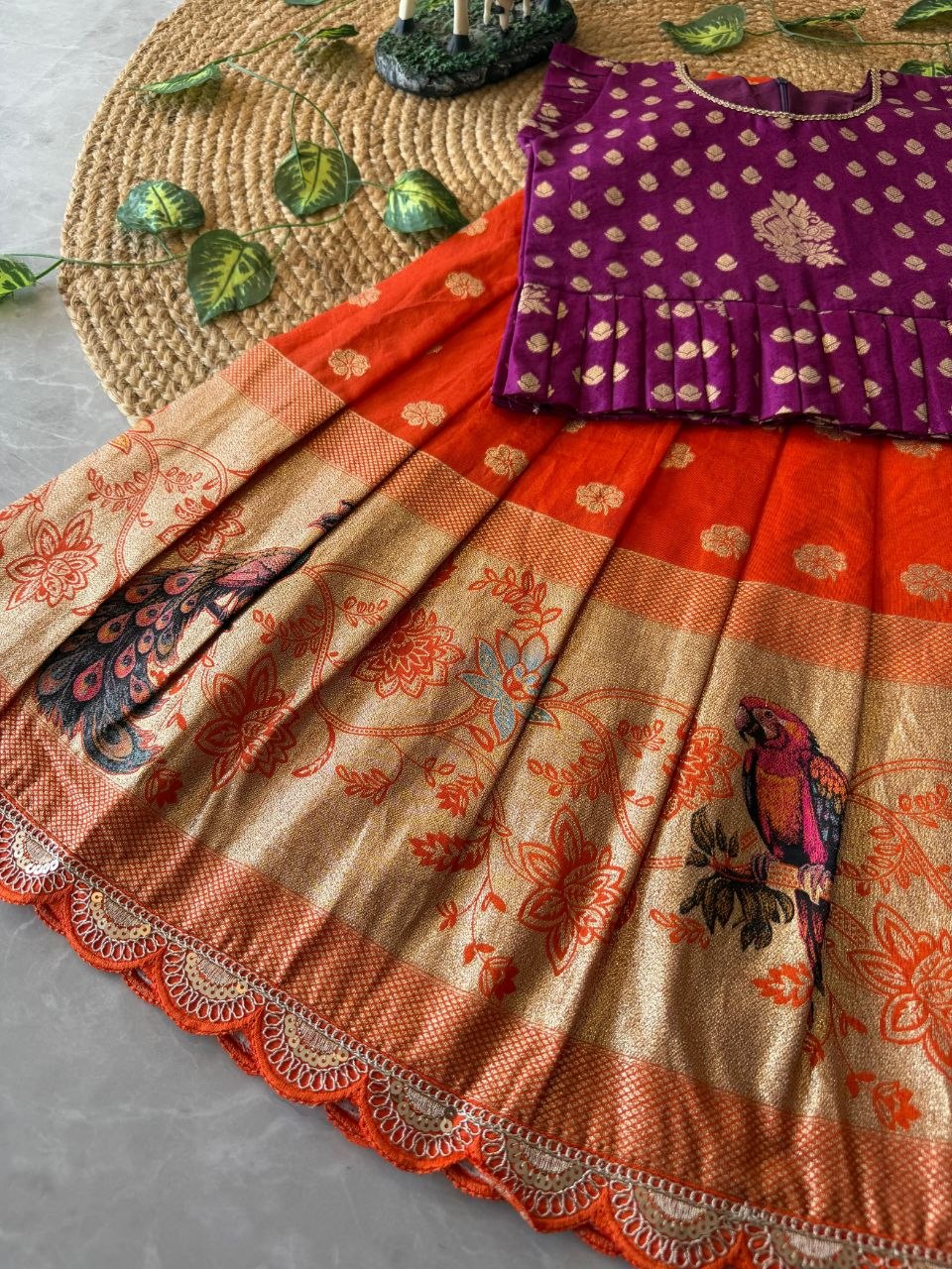 Kids Peacock Grace Lehenga Set in Soft Dola Silk with Zari Weaving & Peplum Blouse