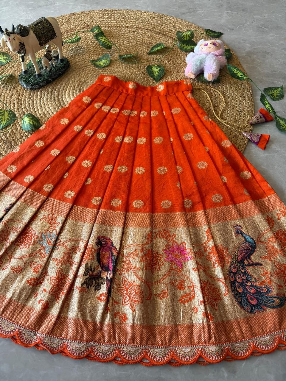 Kids Peacock Grace Lehenga Set in Soft Dola Silk with Zari Weaving & Peplum Blouse