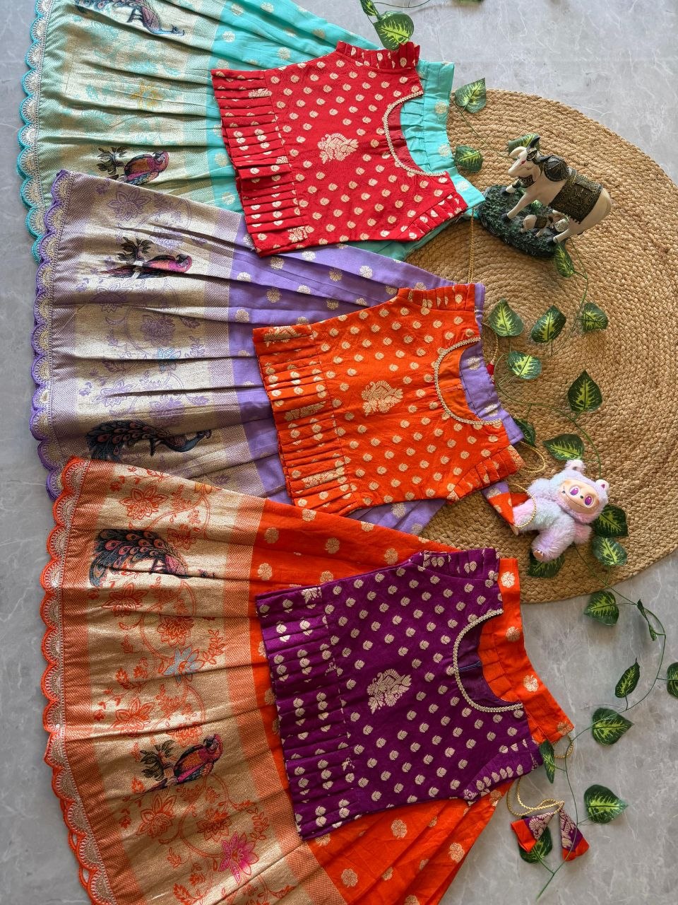 Kids Peacock Grace Lehenga Set in Soft Dola Silk with Zari Weaving & Peplum Blouse