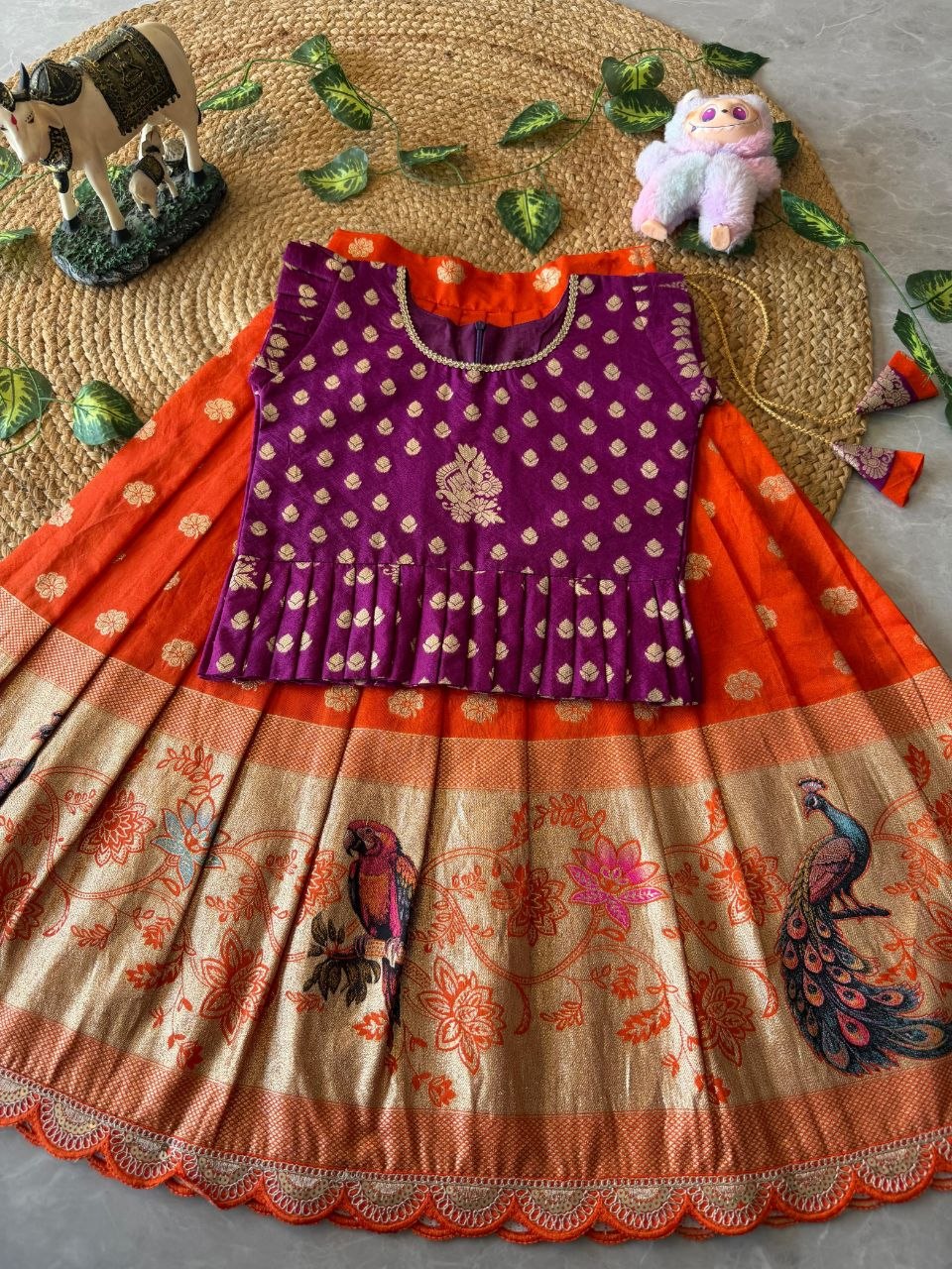 Kids Peacock Grace Lehenga Set in Soft Dola Silk with Zari Weaving & Peplum Blouse