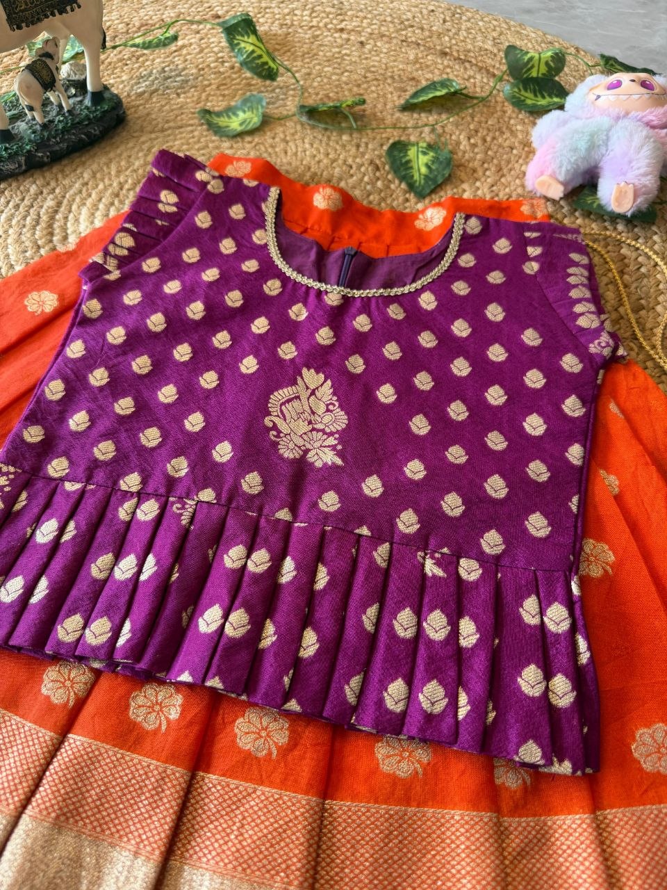 Kids Peacock Grace Lehenga Set in Soft Dola Silk with Zari Weaving & Peplum Blouse
