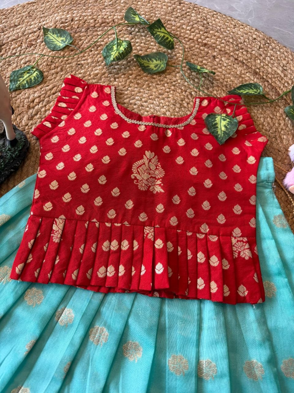 Kids Peacock Grace Lehenga Set in Soft Dola Silk with Zari Weaving & Peplum Blouse