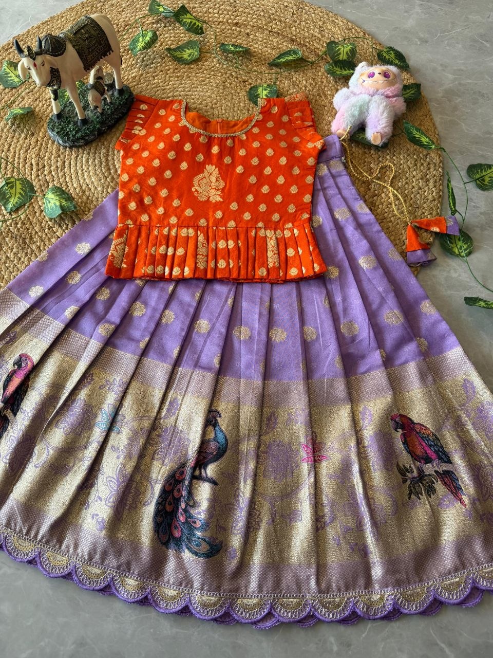 Kids Peacock Grace Lehenga Set in Soft Dola Silk with Zari Weaving & Peplum Blouse