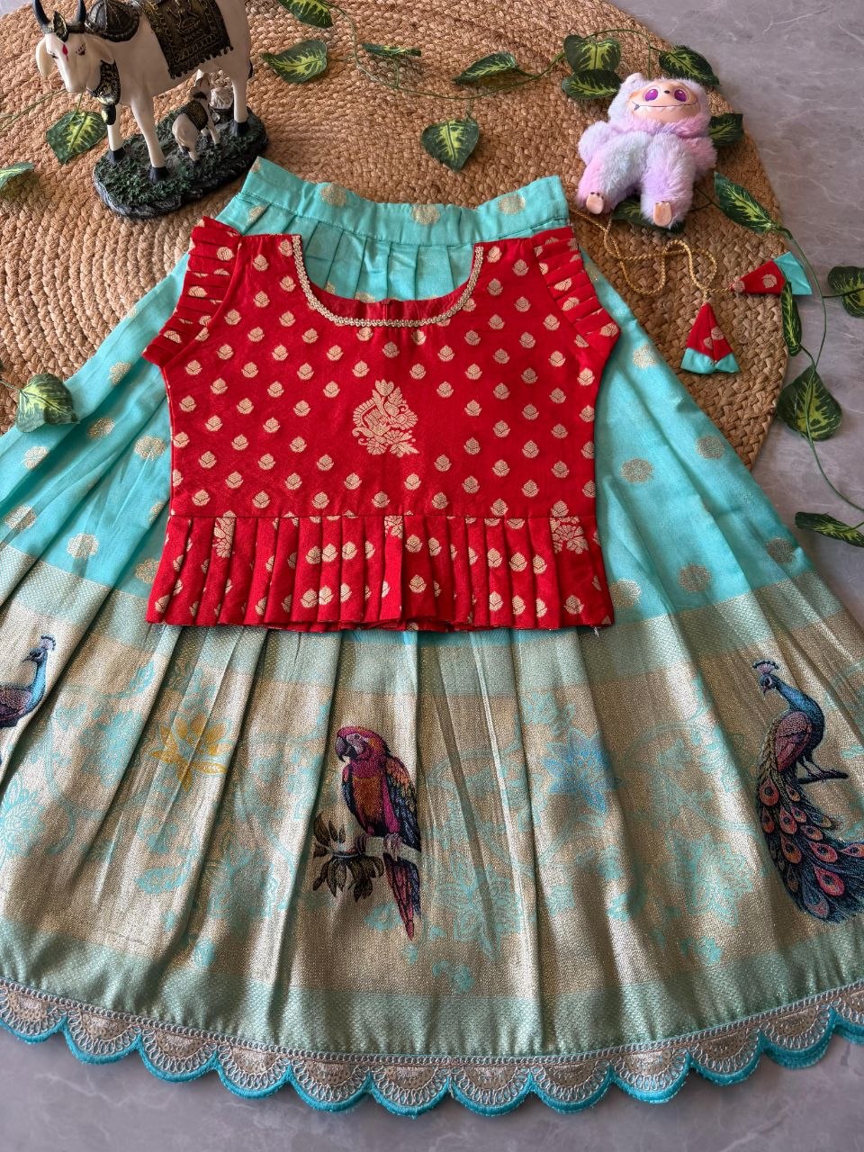 Kids Peacock Grace Lehenga Set in Soft Dola Silk with Zari Weaving & Peplum Blouse