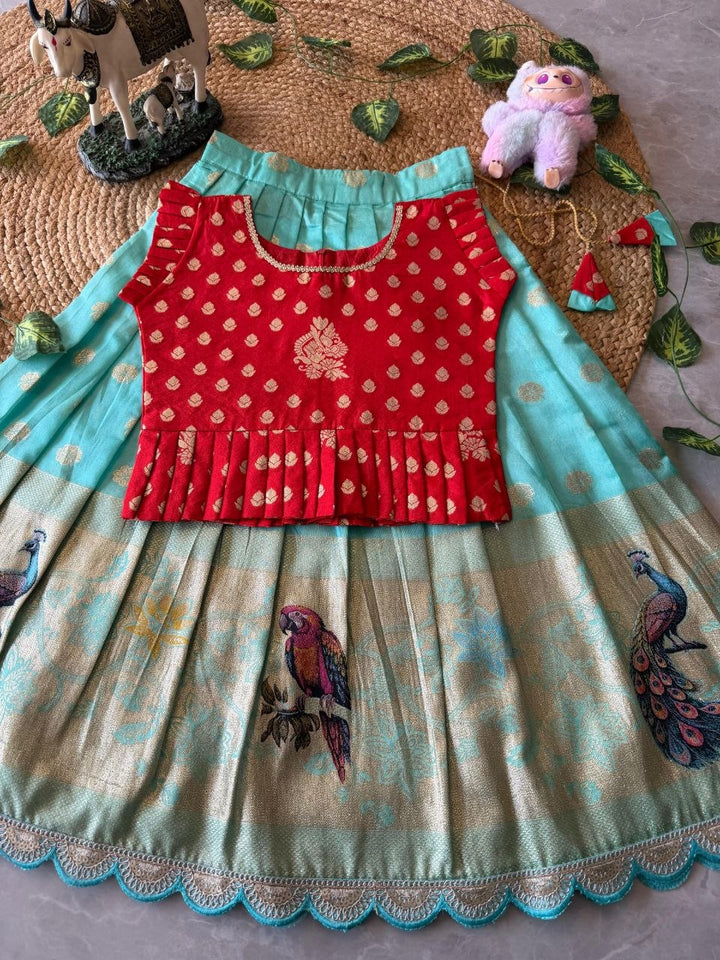 Kids Peacock Grace Lehenga Set in Soft Dola Silk with Zari Weaving & Peplum Blouse
