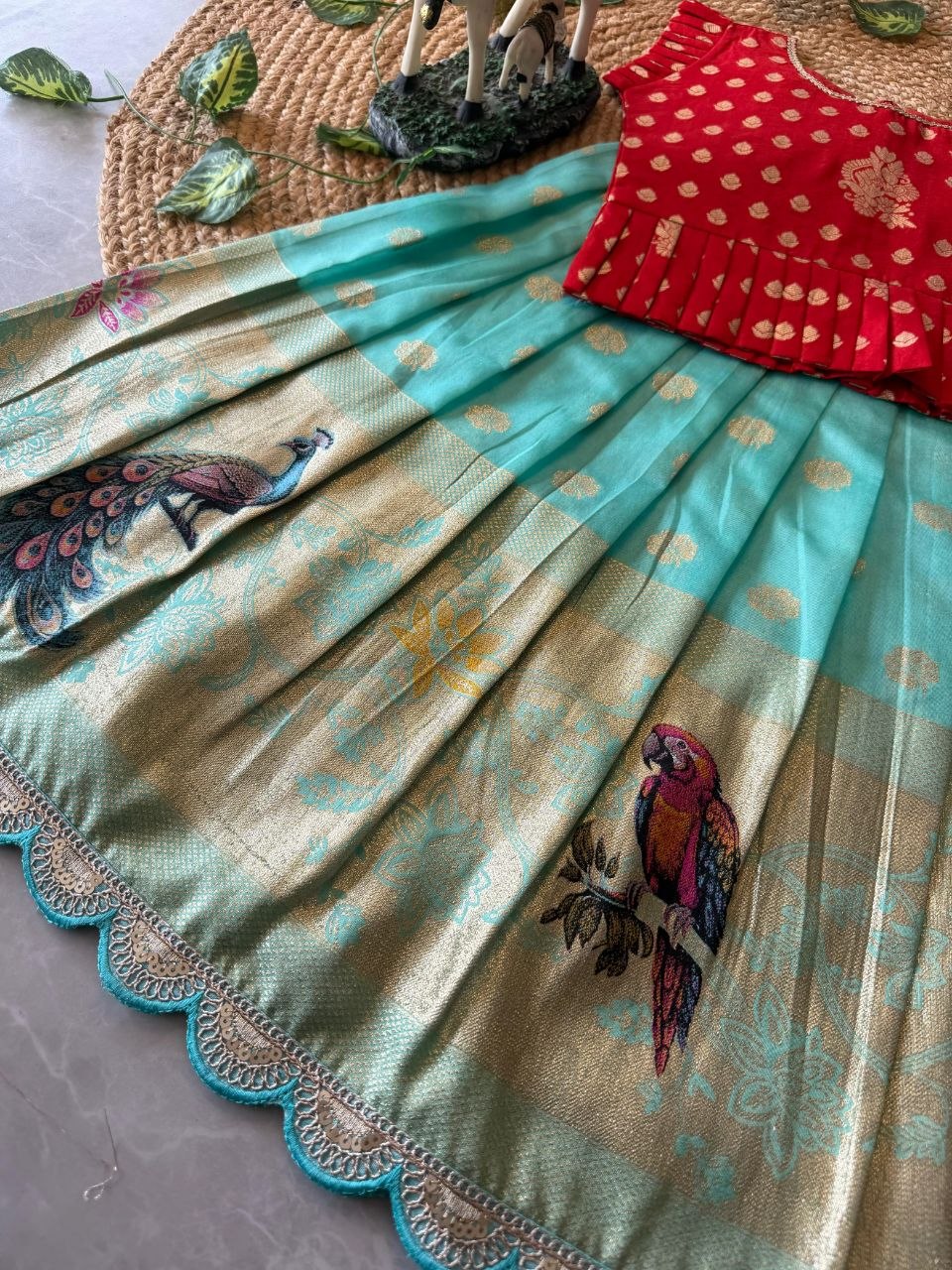 Kids Peacock Grace Lehenga Set in Soft Dola Silk with Zari Weaving & Peplum Blouse