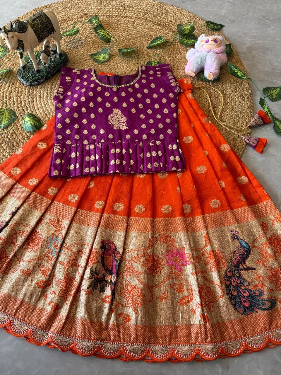 Kids Peacock Grace Lehenga Set in Soft Dola Silk with Zari Weaving & Peplum Blouse