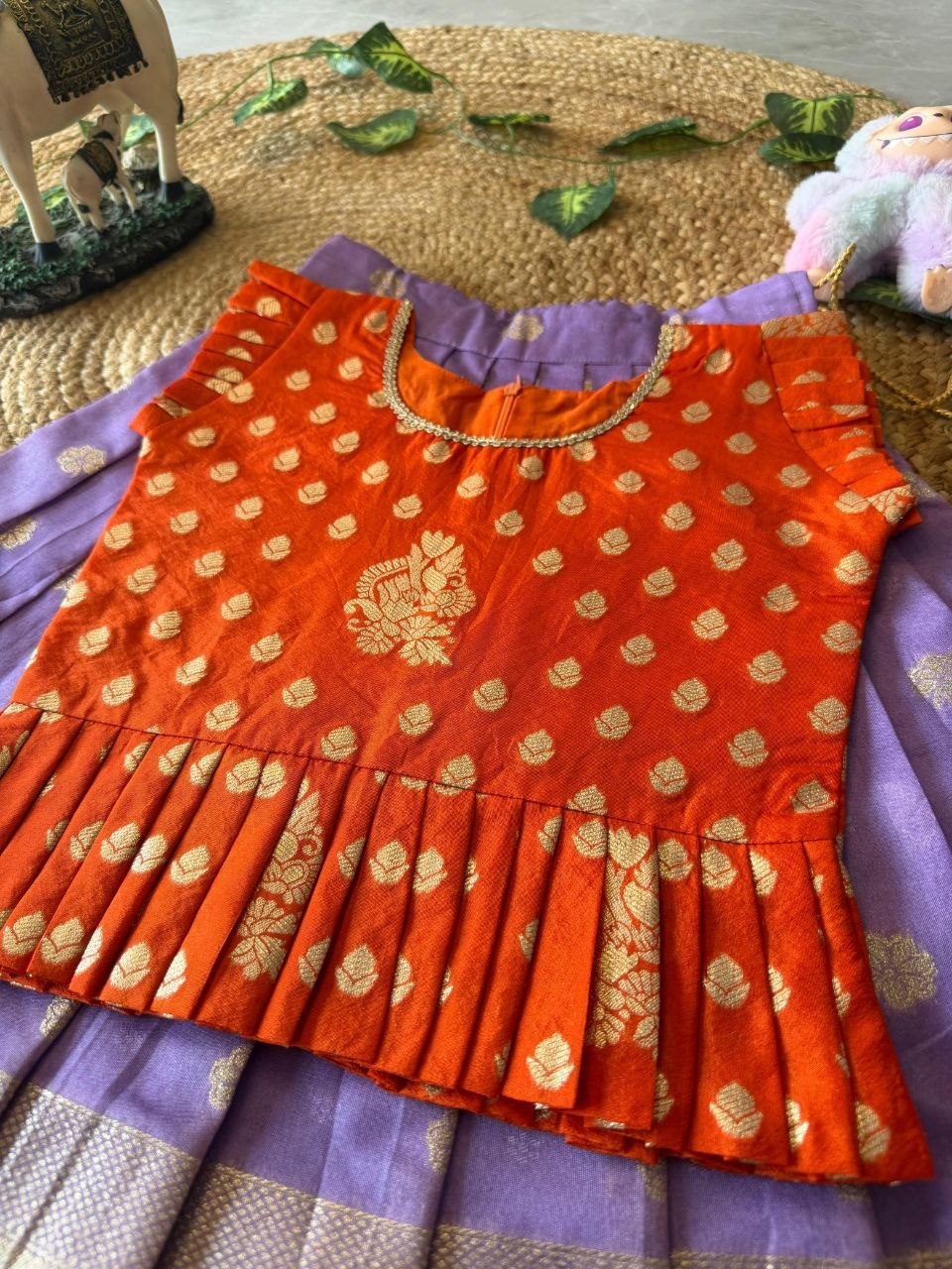 Kids Peacock Grace Lehenga Set in Soft Dola Silk with Zari Weaving & Peplum Blouse
