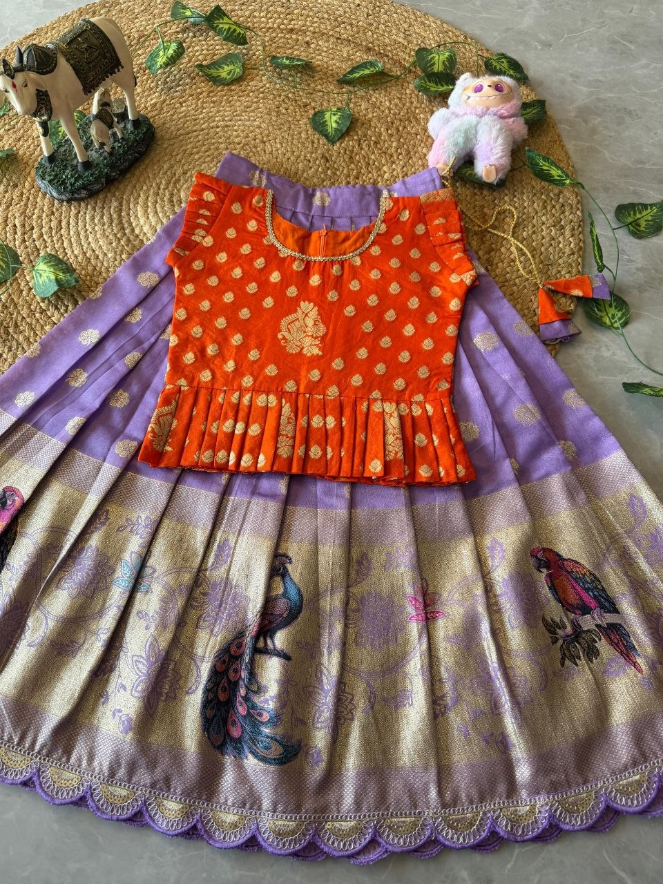 Kids Peacock Grace Lehenga Set in Soft Dola Silk with Zari Weaving & Peplum Blouse