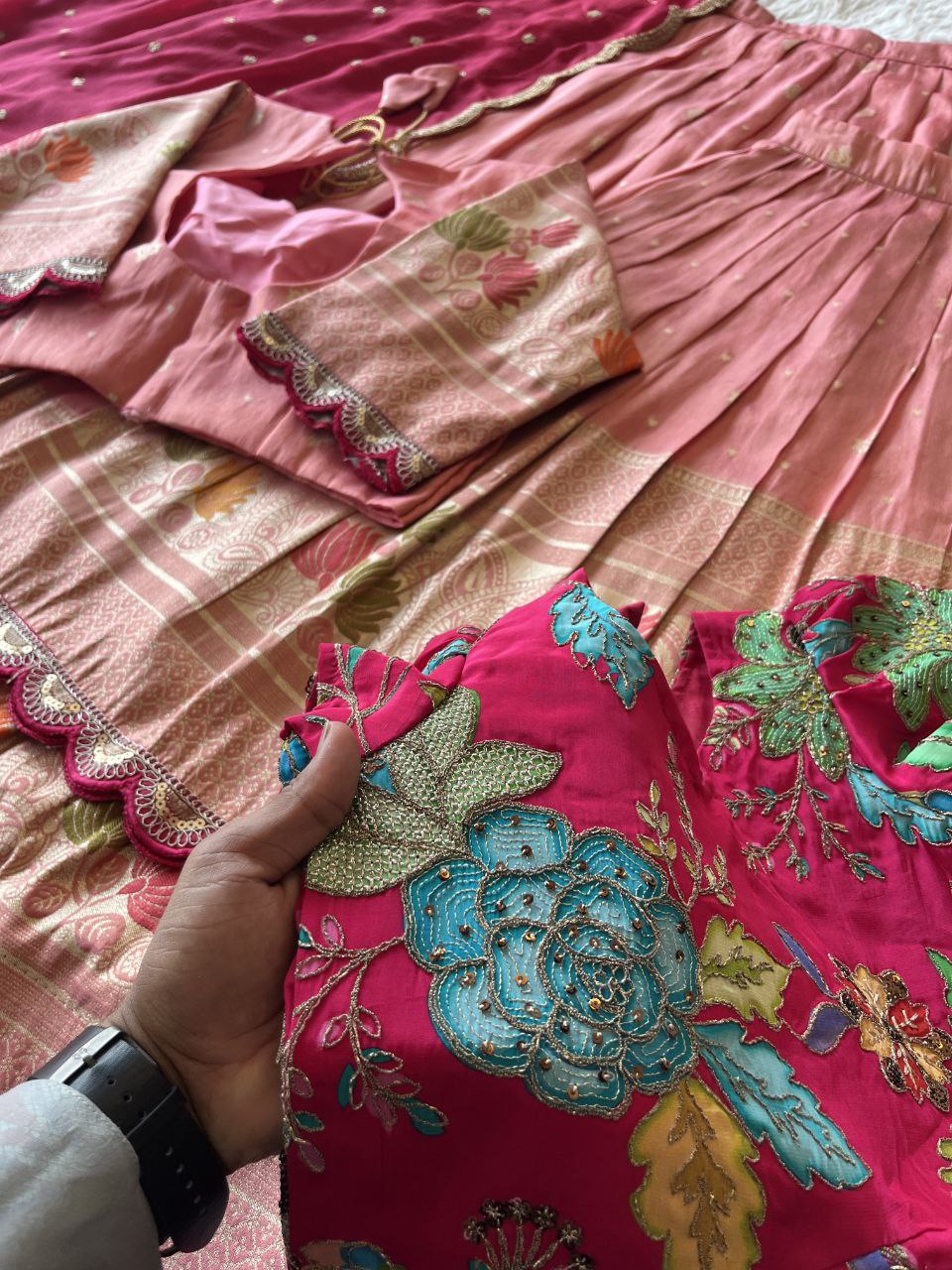 Mom Daughter Lotus Weaving Lehenga Set in Soft Tissue Silk with Dupatta