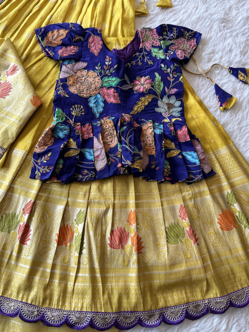 Mom Daughter Lotus Weaving Lehenga Set in Soft Tissue Silk with Dupatta