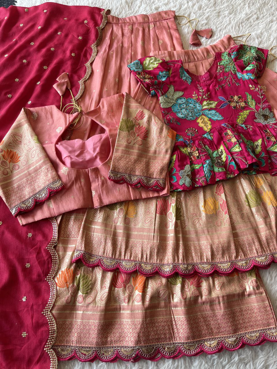 Mom Daughter Lotus Weaving Lehenga Set in Soft Tissue Silk with Dupatta