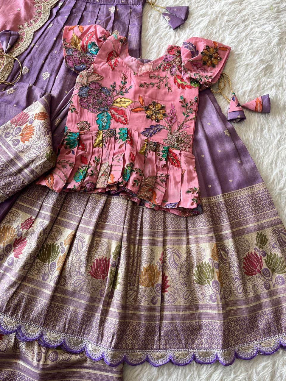 Mom Daughter Lotus Weaving Lehenga Set in Soft Tissue Silk with Dupatta