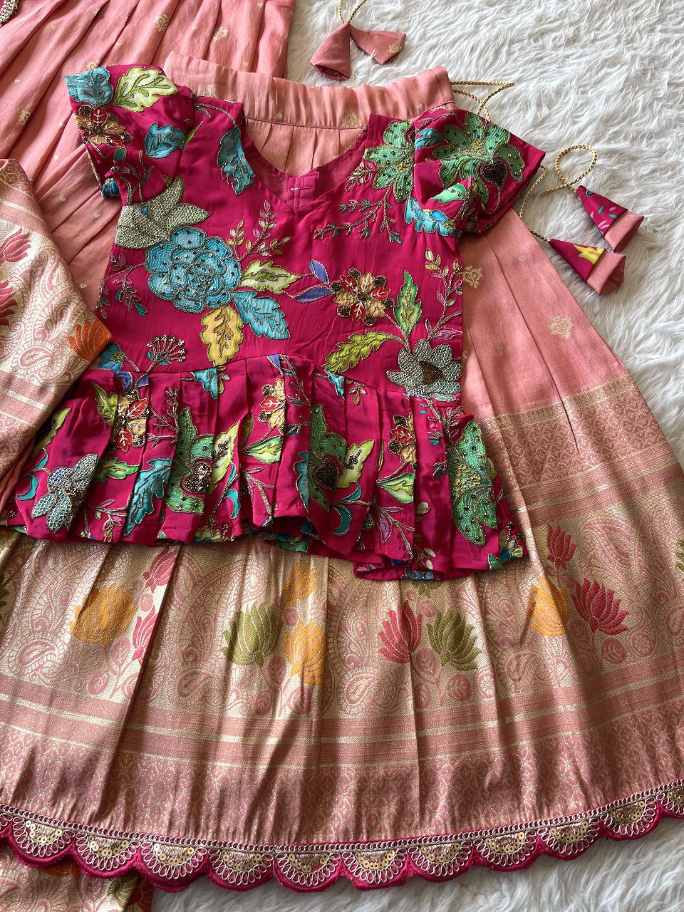 Mom Daughter Lotus Weaving Lehenga Set in Soft Tissue Silk with Dupatta