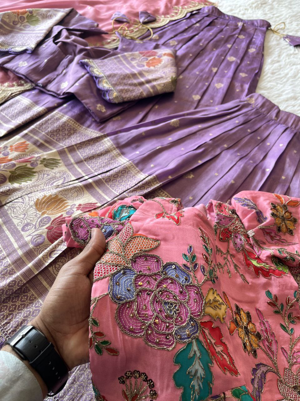 Mom Daughter Lotus Weaving Lehenga Set in Soft Tissue Silk with Dupatta
