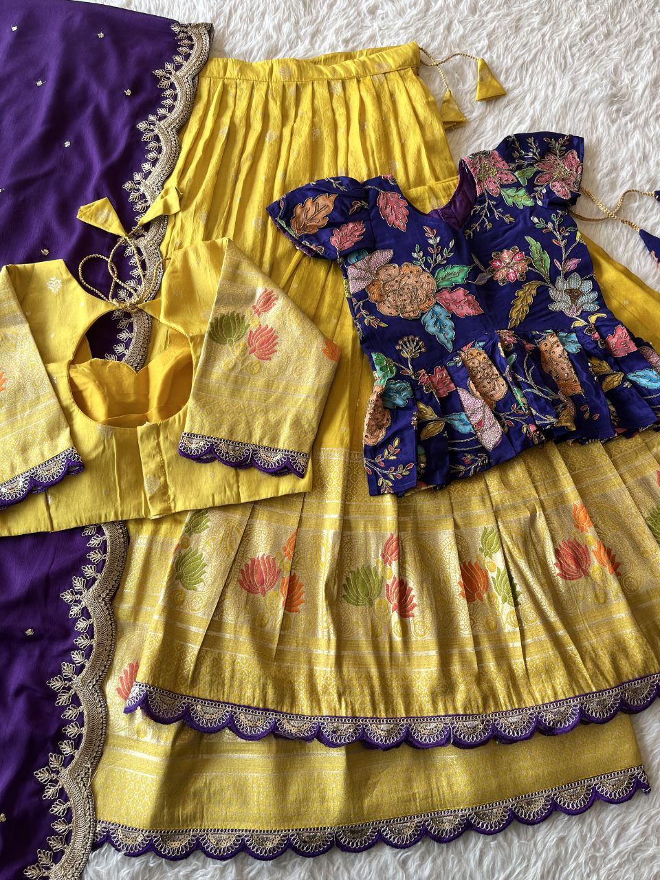 Mom Daughter Lotus Weaving Lehenga Set in Soft Tissue Silk with Dupatta