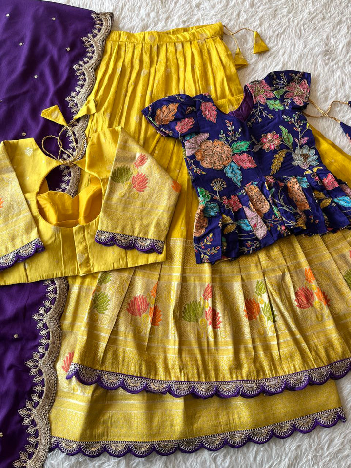Mom Daughter Lotus Weaving Lehenga Set in Soft Tissue Silk with Dupatta