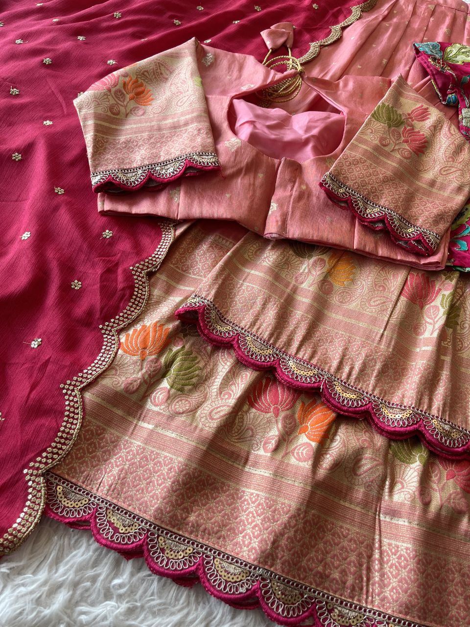 Mom Daughter Lotus Weaving Lehenga Set in Soft Tissue Silk with Dupatta