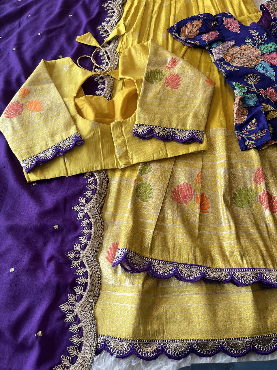 Mom Daughter Lotus Weaving Lehenga Set in Soft Tissue Silk with Dupatta