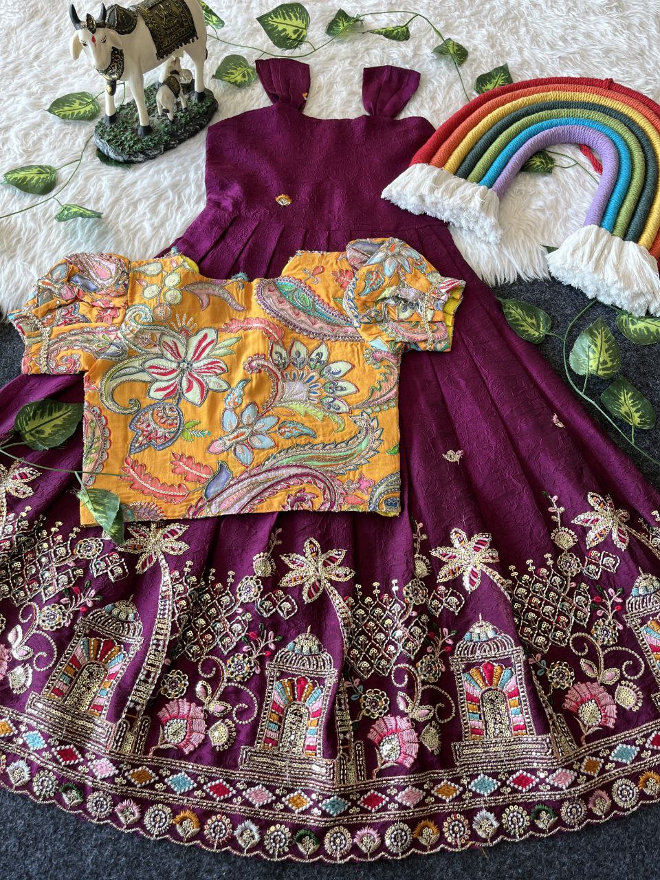 Temple Garden Kids Festive Gown Set in Rangoli Crush with Designer Crepe Coat