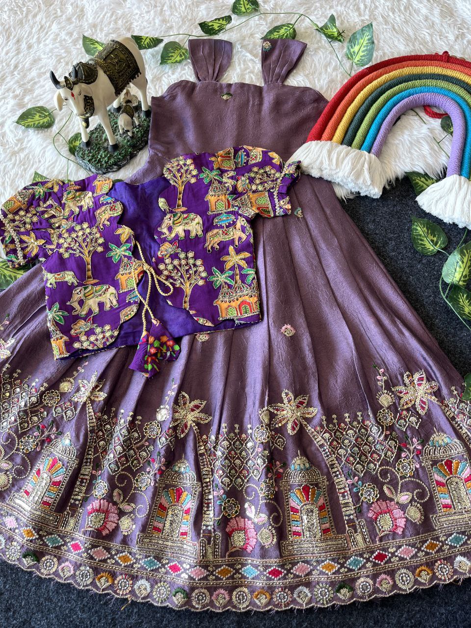 Temple Garden Kids Festive Gown Set in Rangoli Crush with Designer Crepe Coat