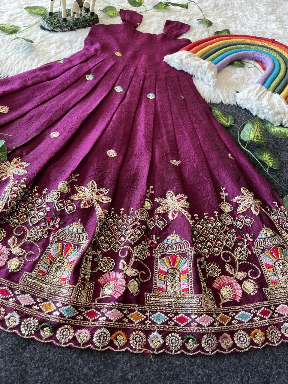 Temple Garden Kids Festive Gown Set in Rangoli Crush with Designer Crepe Coat