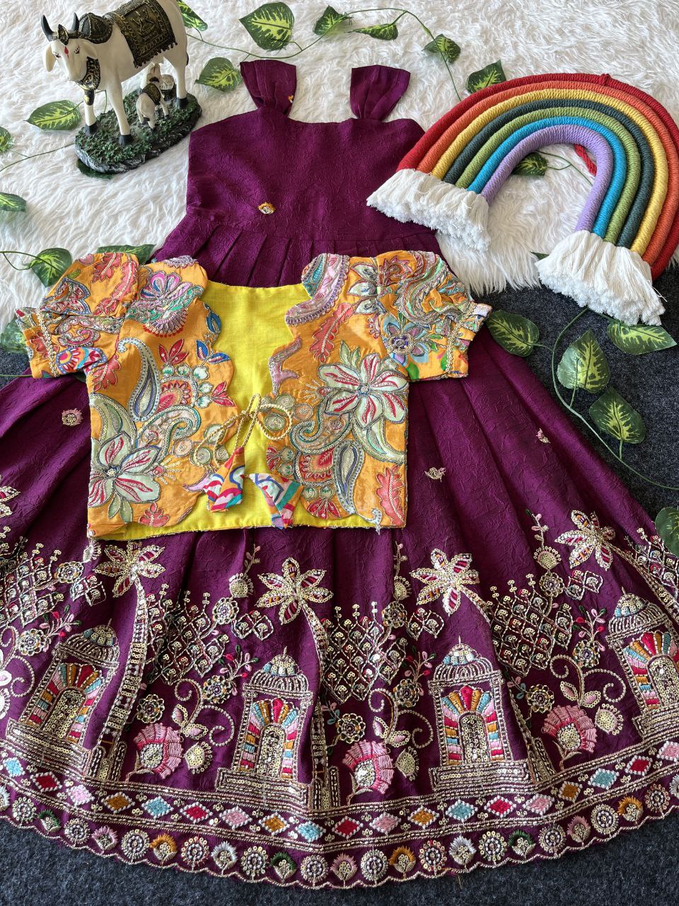 Temple Garden Kids Festive Gown Set in Rangoli Crush with Designer Crepe Coat