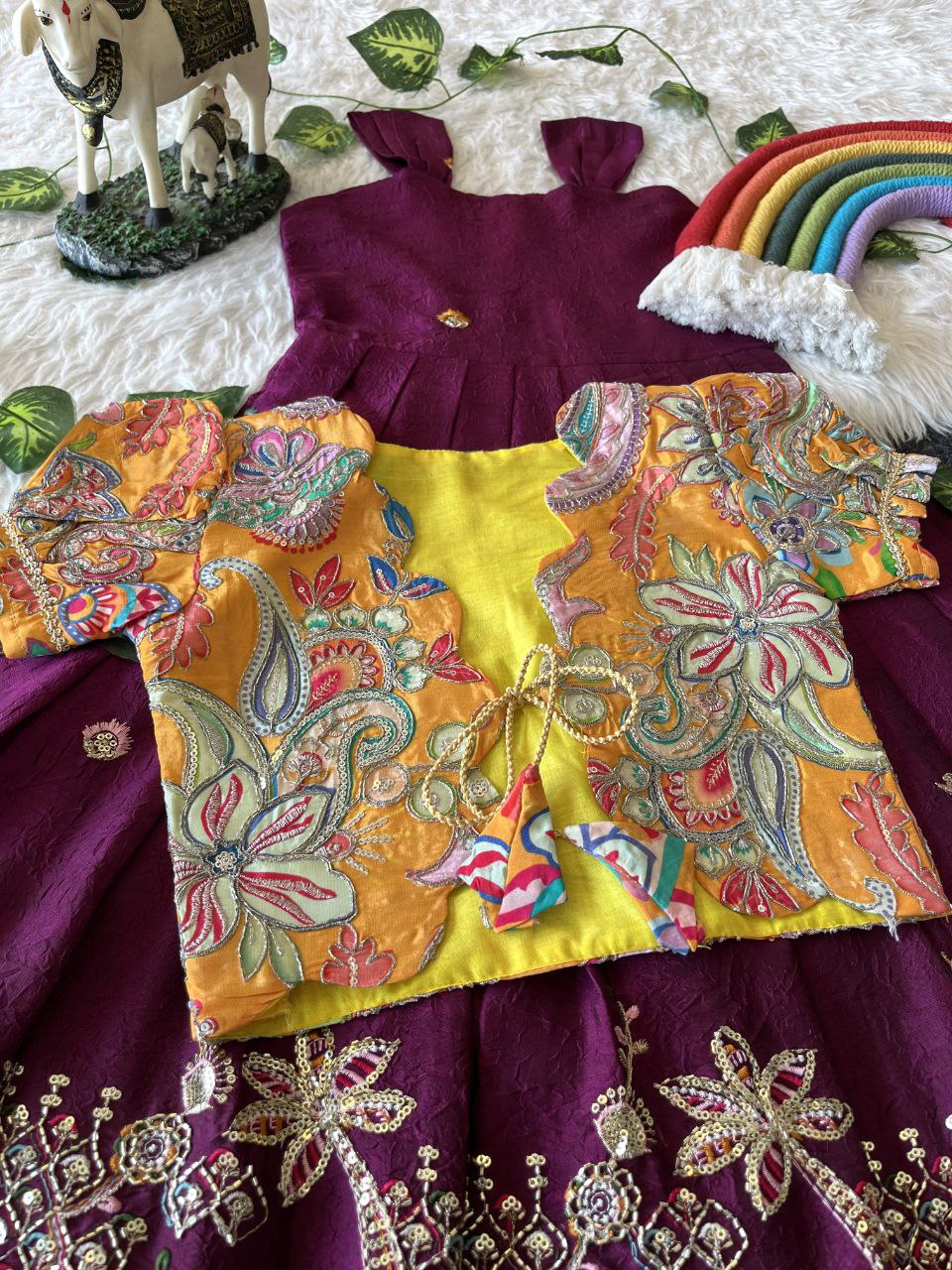 Temple Garden Kids Festive Gown Set in Rangoli Crush with Designer Crepe Coat