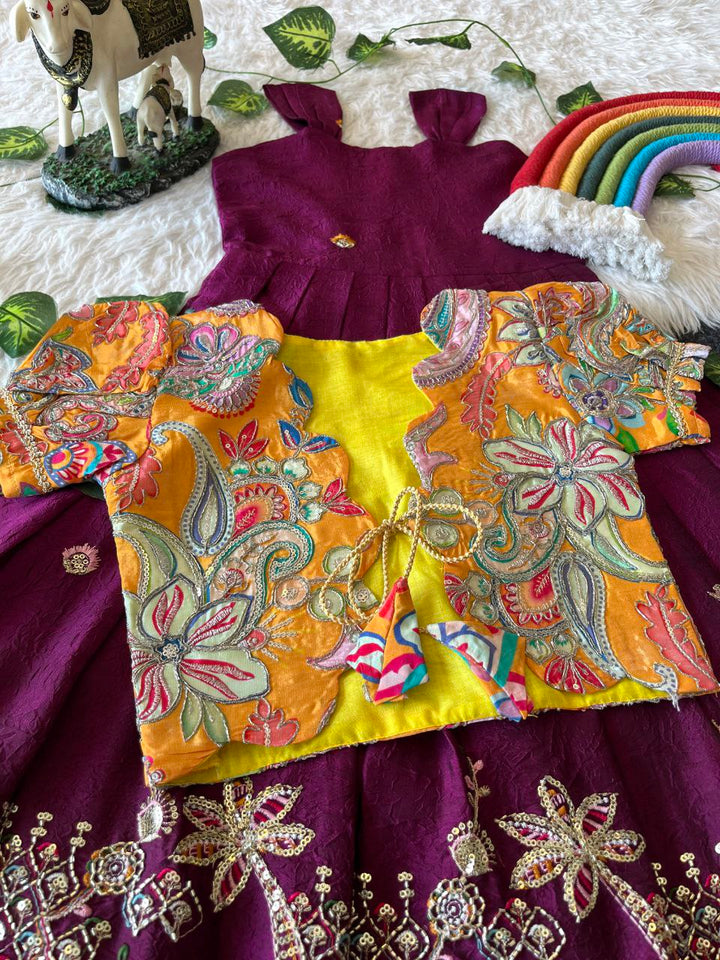 Temple Garden Kids Festive Gown Set in Rangoli Crush with Designer Crepe Coat