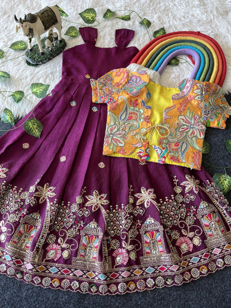 Temple Garden Kids Festive Gown Set in Rangoli Crush with Designer Crepe Coat