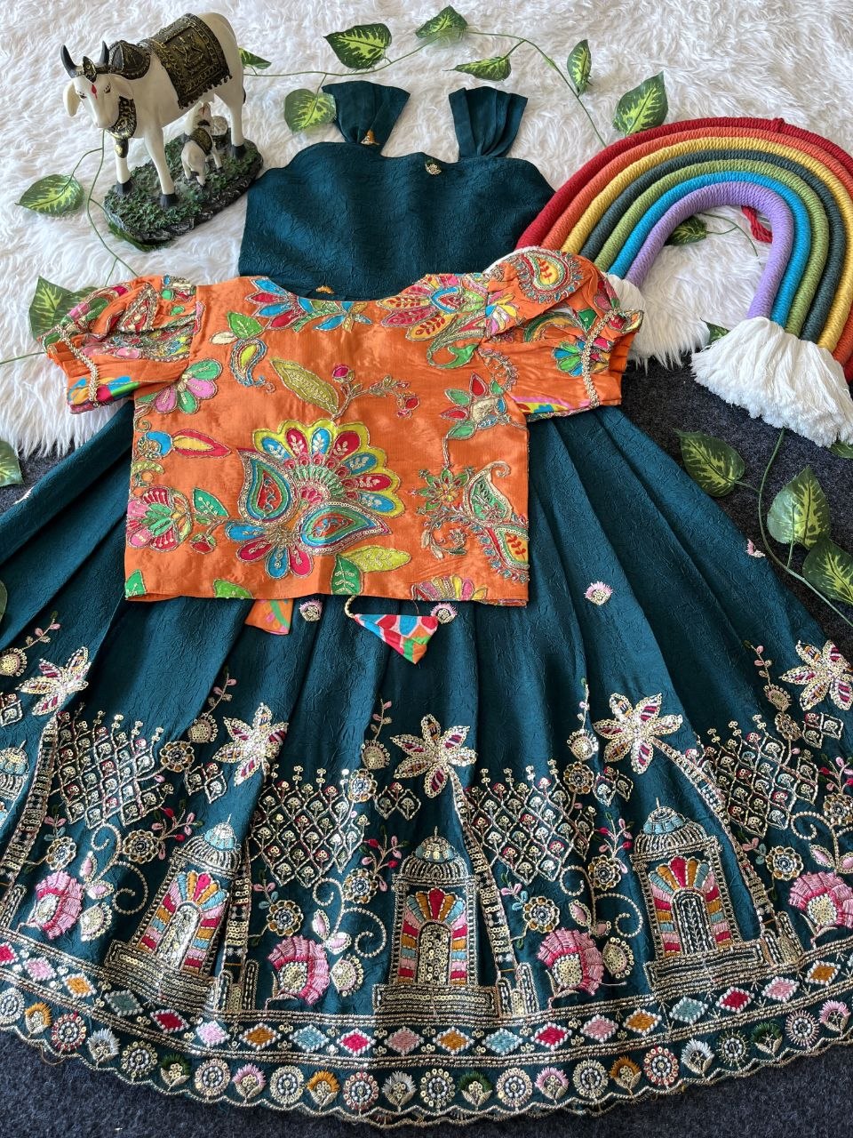 Temple Garden Kids Festive Gown Set in Rangoli Crush with Designer Crepe Coat