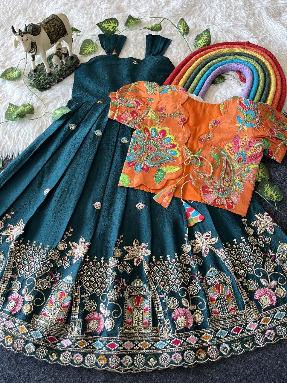 Temple Garden Kids Festive Gown Set in Rangoli Crush with Designer Crepe Coat