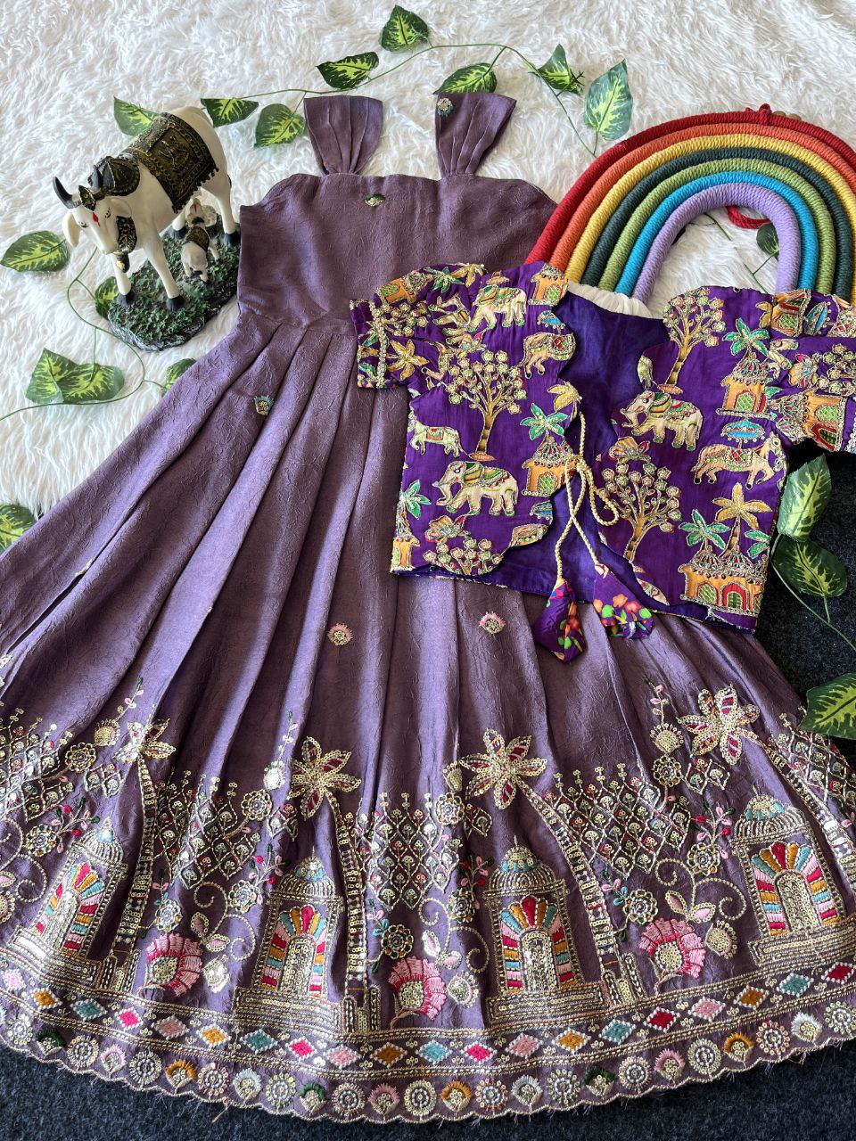 Temple Garden Kids Festive Gown Set in Rangoli Crush with Designer Crepe Coat
