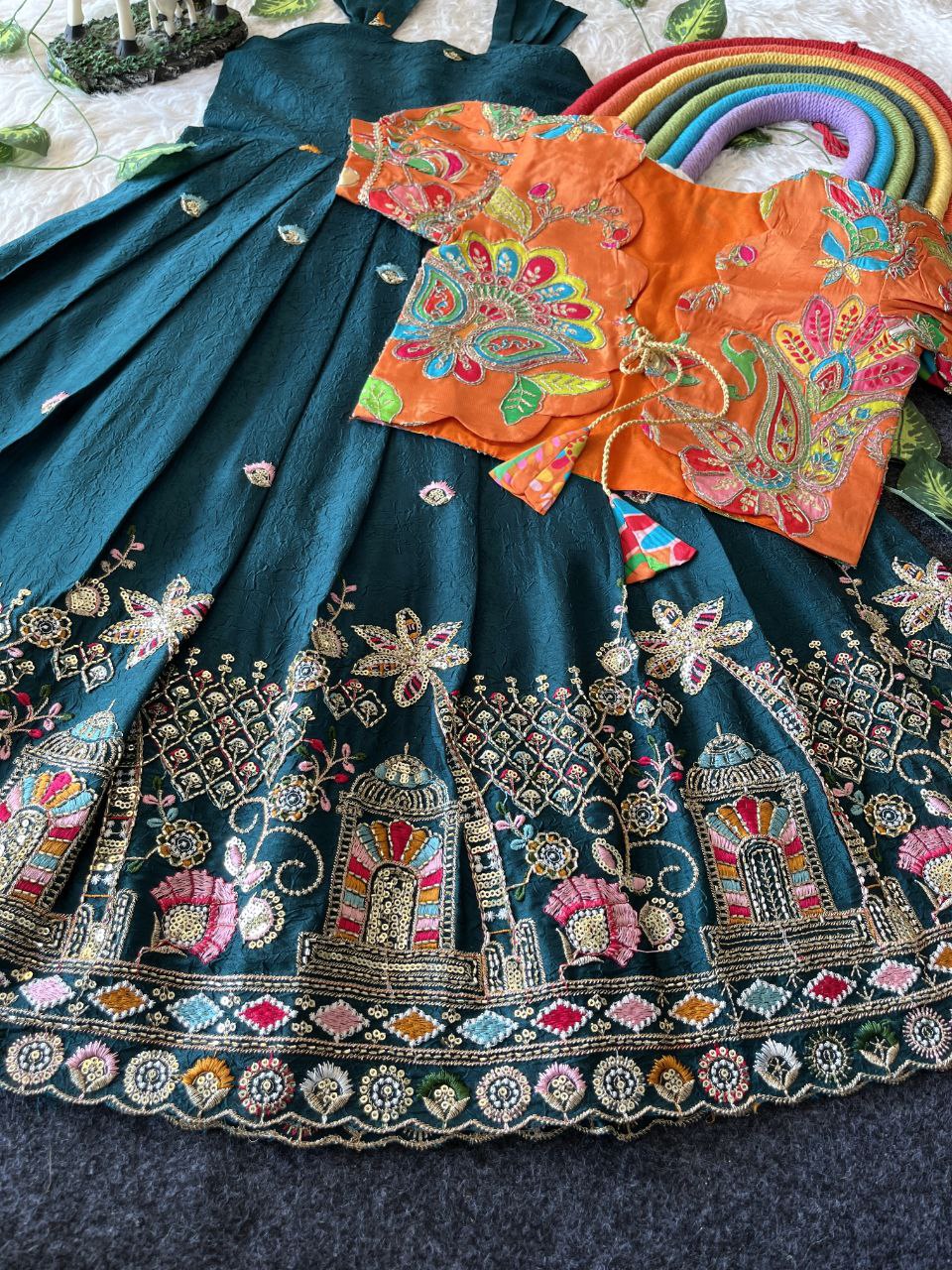 Temple Garden Kids Festive Gown Set in Rangoli Crush with Designer Crepe Coat