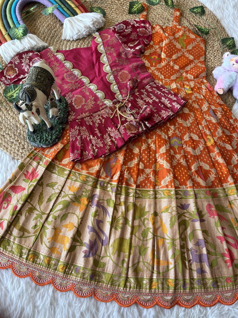 Royal Bandhej Kids Gown With Coat Model