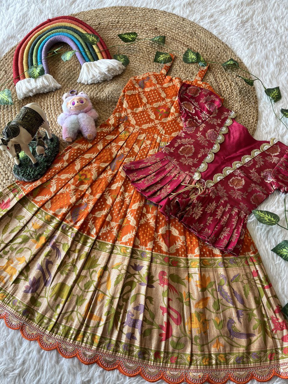 Royal Bandhej Kids Gown With Coat Model