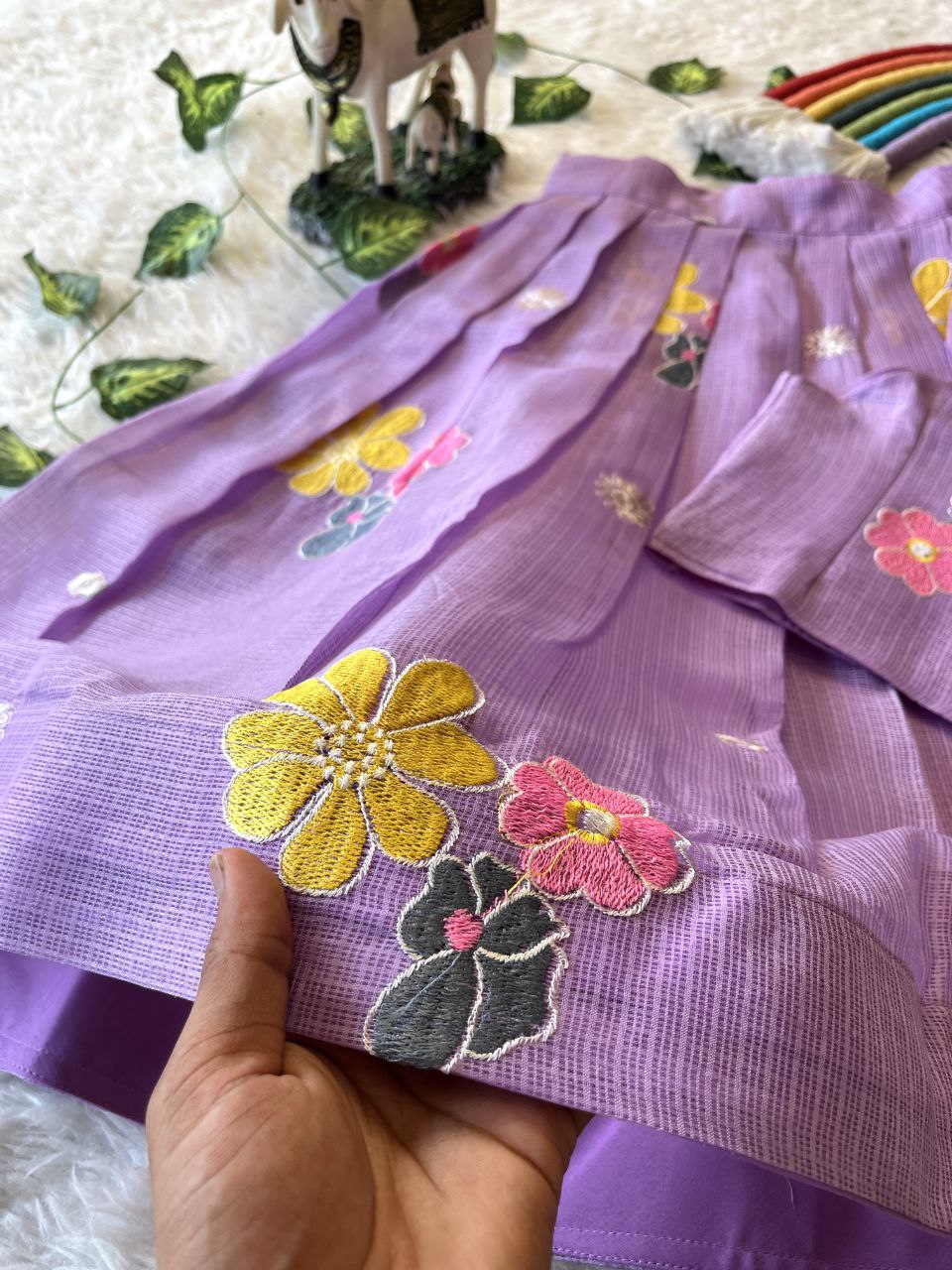 Blooming Beauty Kids Lehenga Set in Kota Chex with Floral Embroidery
