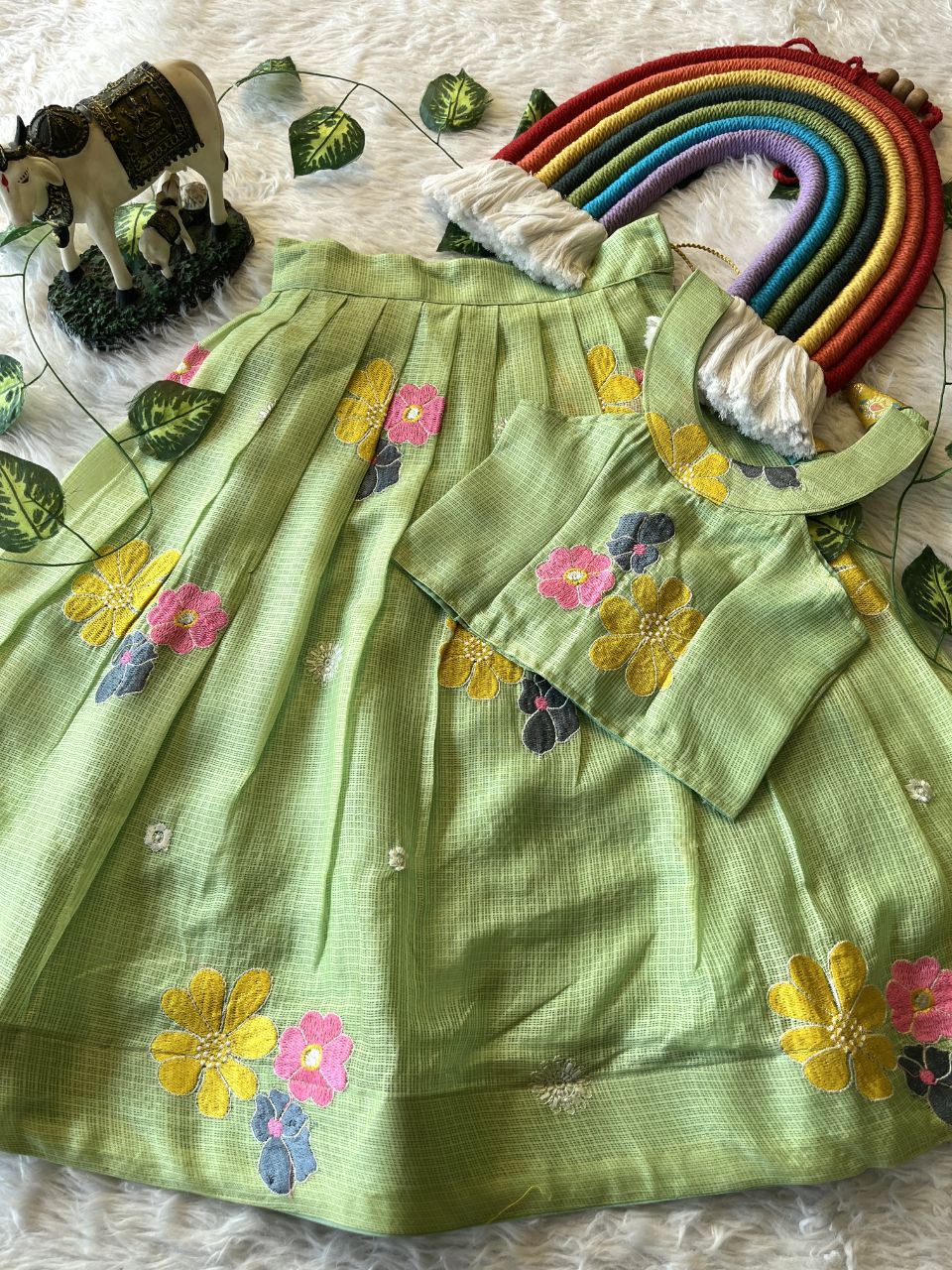 Blooming Beauty Kids Lehenga Set in Kota Chex with Floral Embroidery