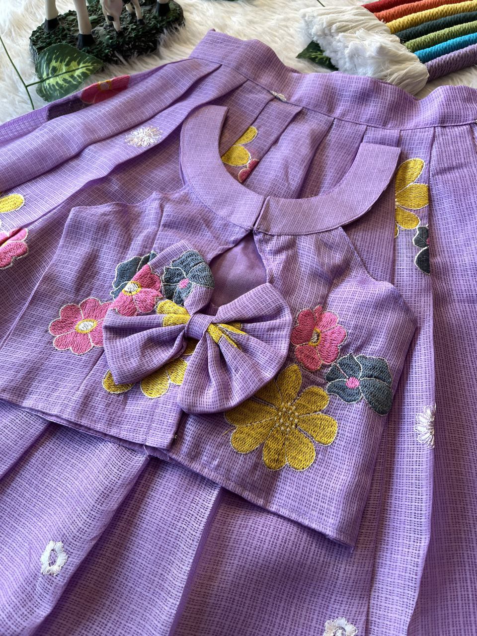 Blooming Beauty Kids Lehenga Set in Kota Chex with Floral Embroidery