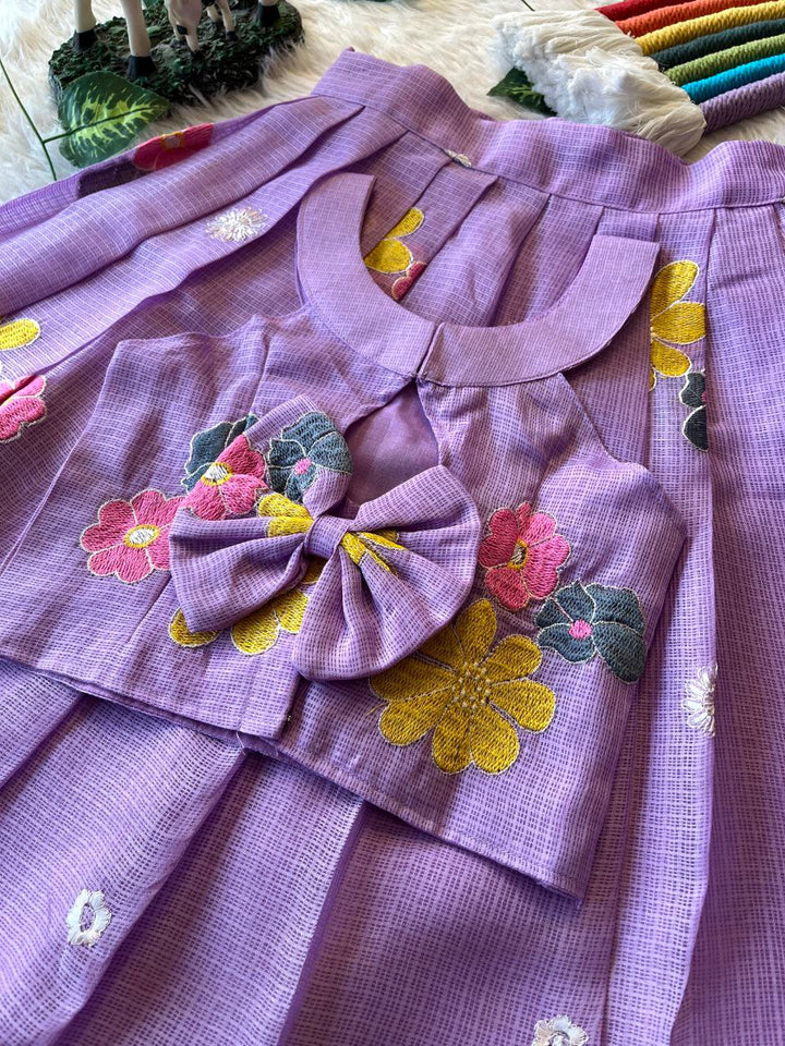 Blooming Beauty Kids Lehenga Set in Kota Chex with Floral Embroidery