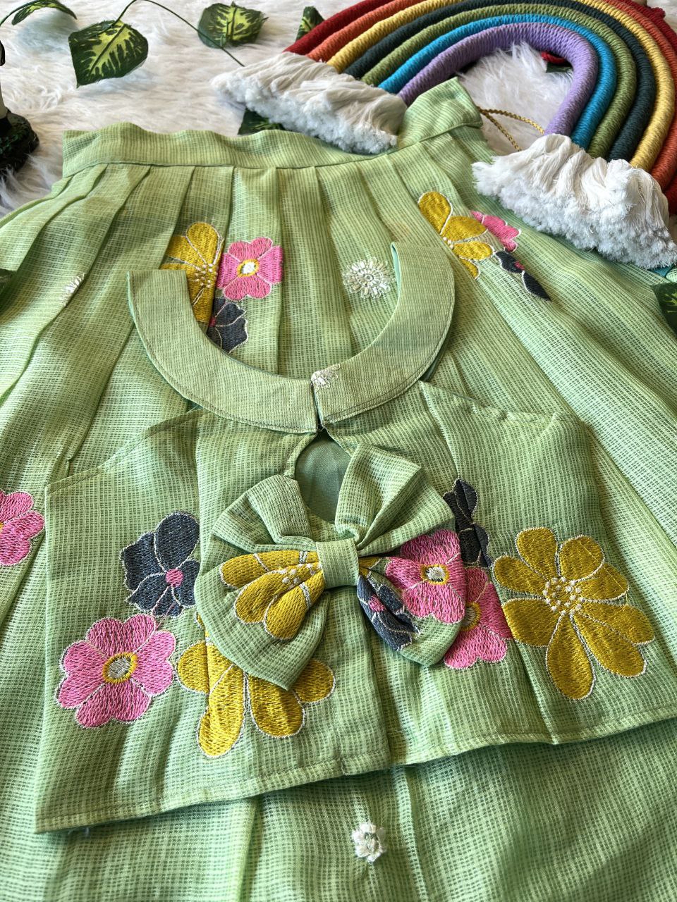 Blooming Beauty Kids Lehenga Set in Kota Chex with Floral Embroidery
