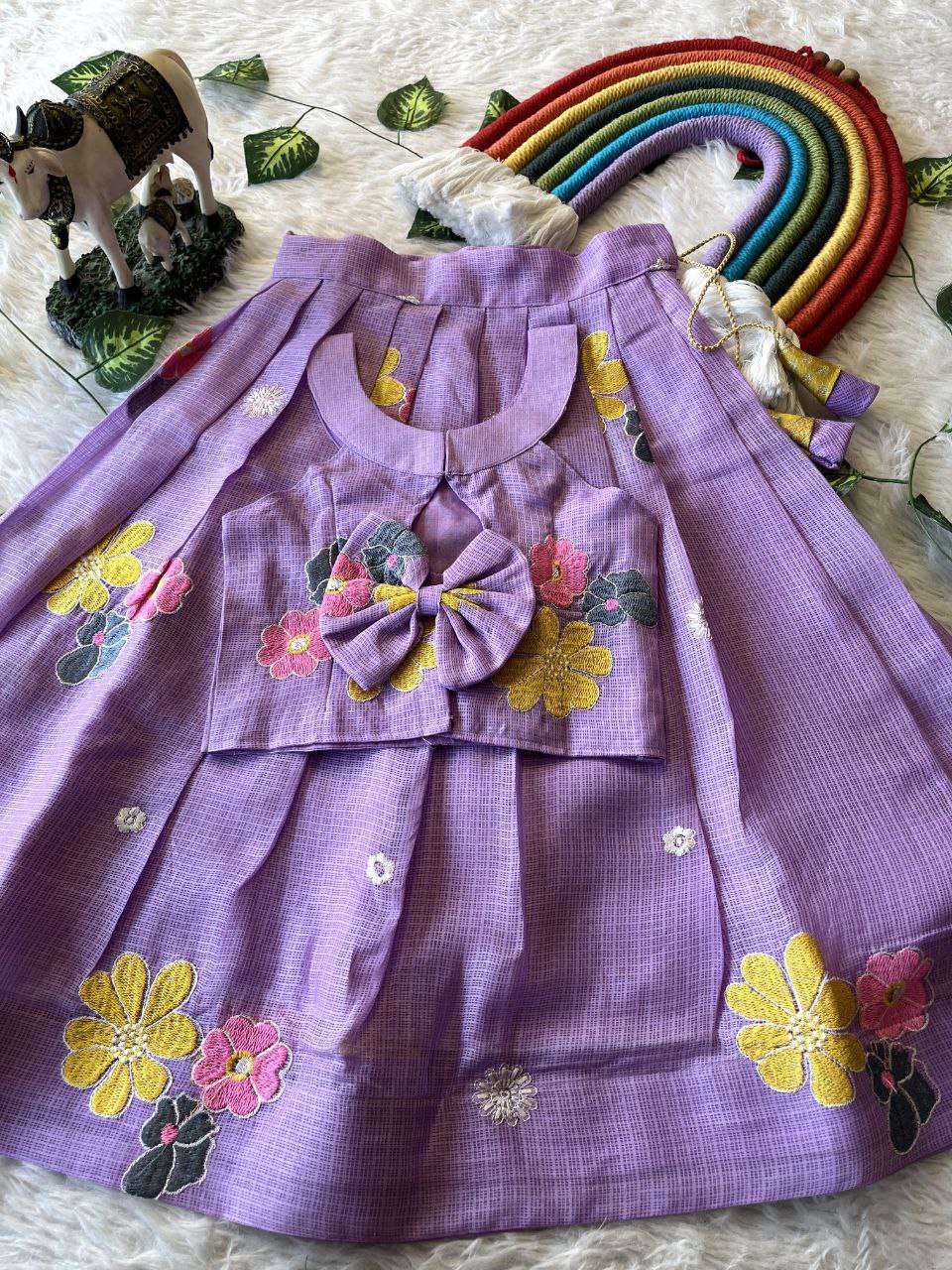 Blooming Beauty Kids Lehenga Set in Kota Chex with Floral Embroidery