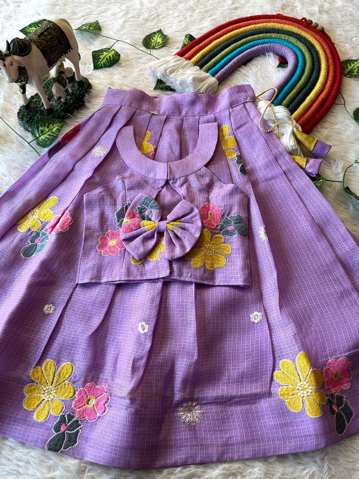Blooming Beauty Kids Lehenga Set in Kota Chex with Floral Embroidery