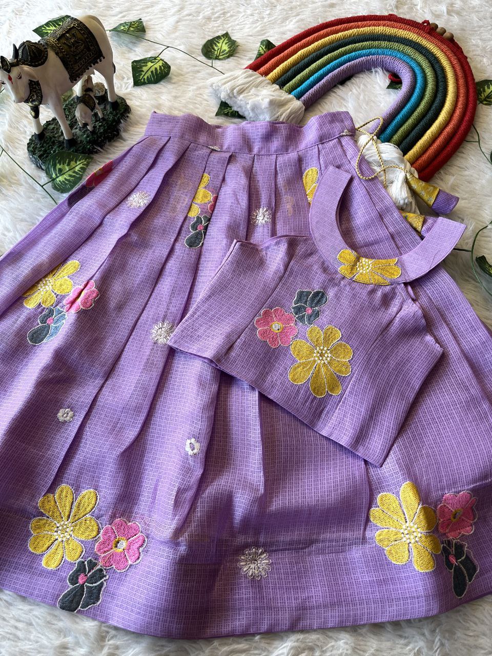 Blooming Beauty Kids Lehenga Set in Kota Chex with Floral Embroidery