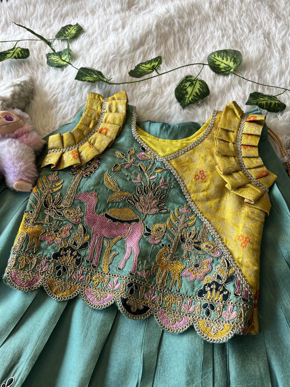 Viscose Tissue Fabric Forest Fairy Kids Lehenga with Mission embroidery