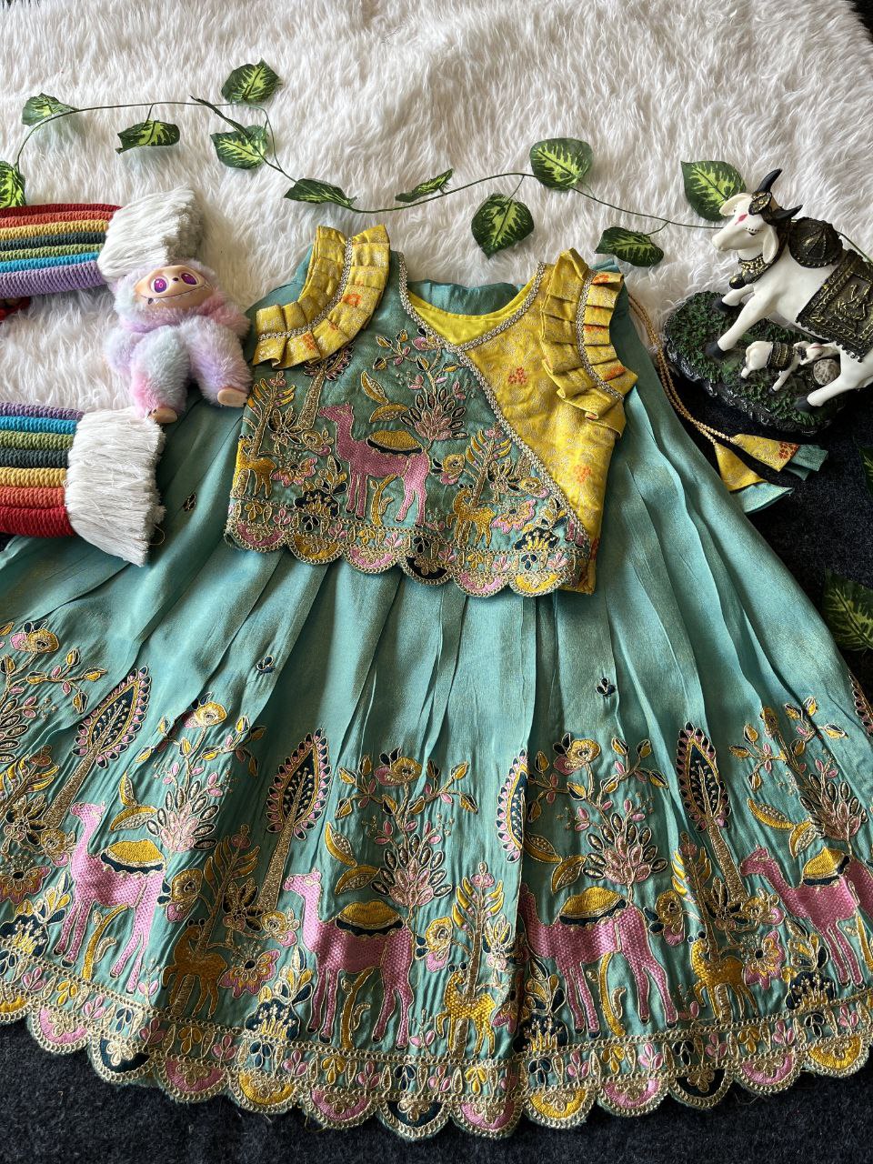 Viscose Tissue Fabric Forest Fairy Kids Lehenga with Mission embroidery